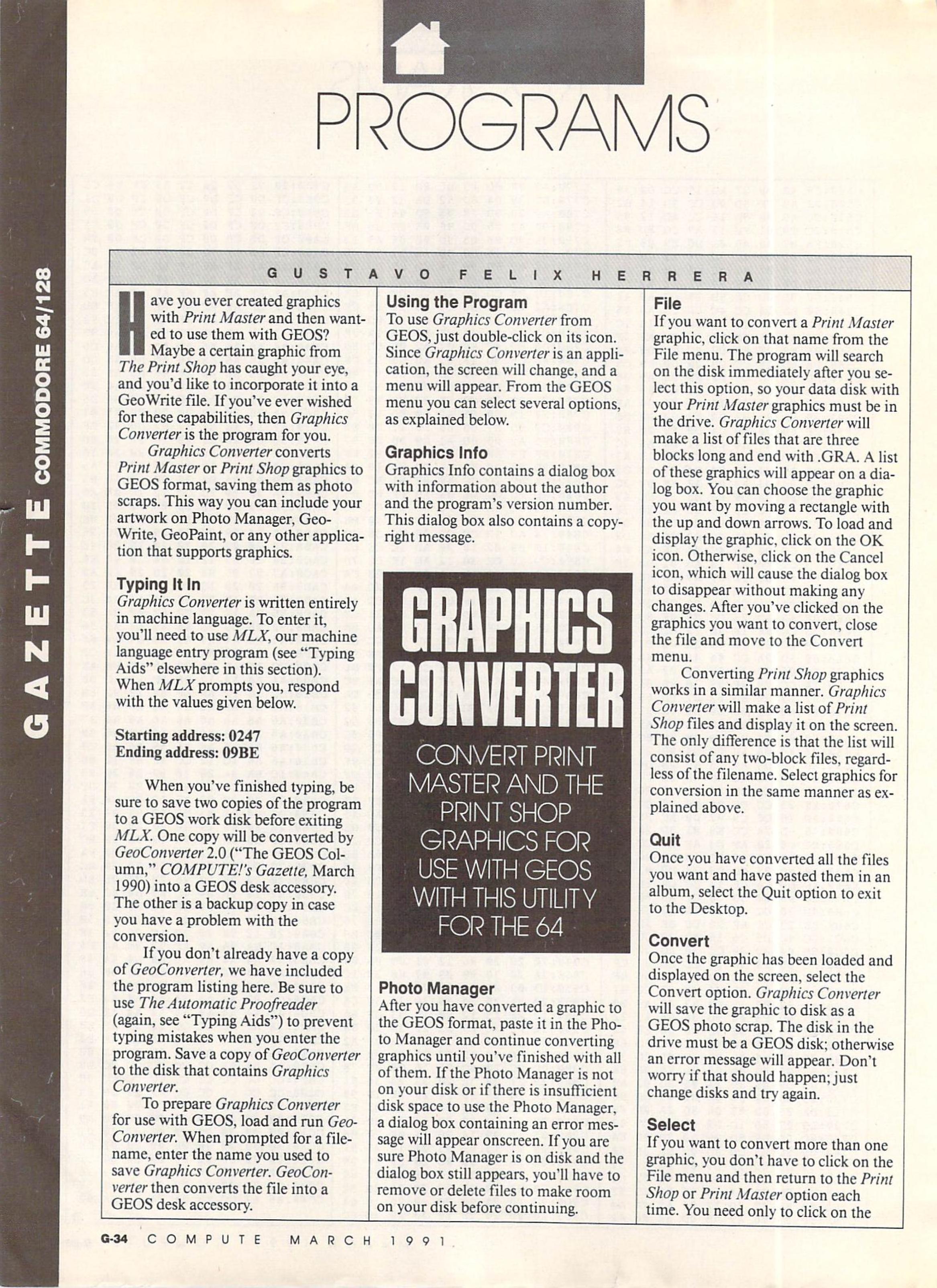 COMPUTE! magazine, March 1991 issue, page G-34. The opening page of 'Graphics Converter' by Gustavo Felix Herrera, published in COMPUTE!'s Gazette section. The author's byline appears prominently above the article.